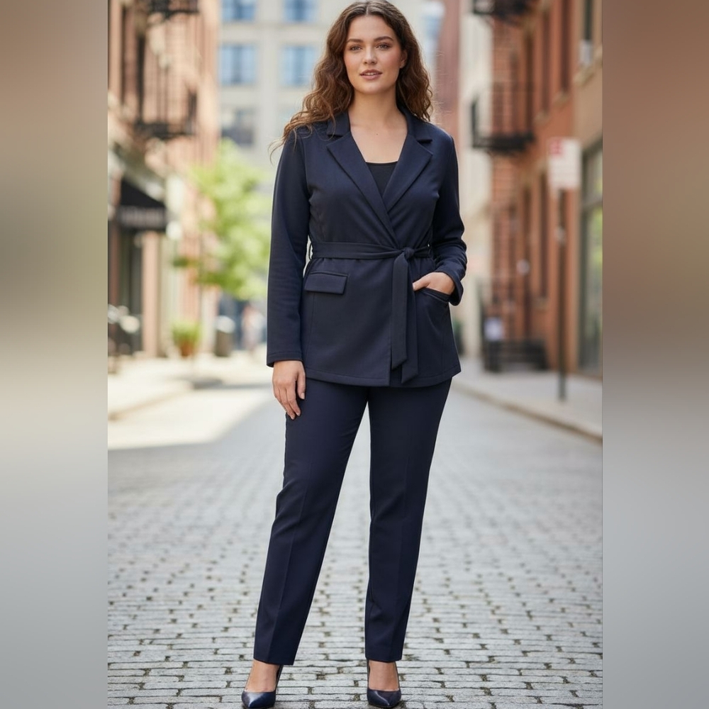 Standards & Practices Blazer Trench Sz 2X Navy Blue Long Coat Jacket Wrap Modern
